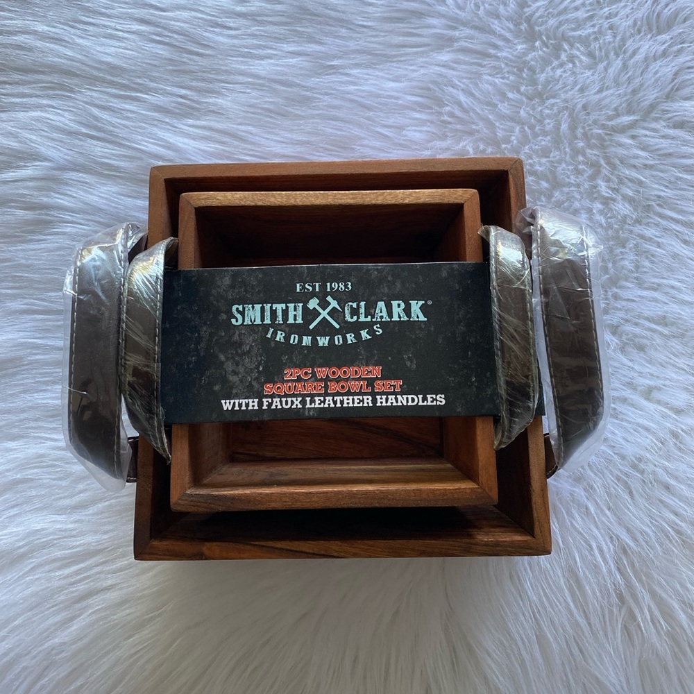 NEW wTag-Smith & Clark Ironworks 2pc Wooden Square Bowl Set